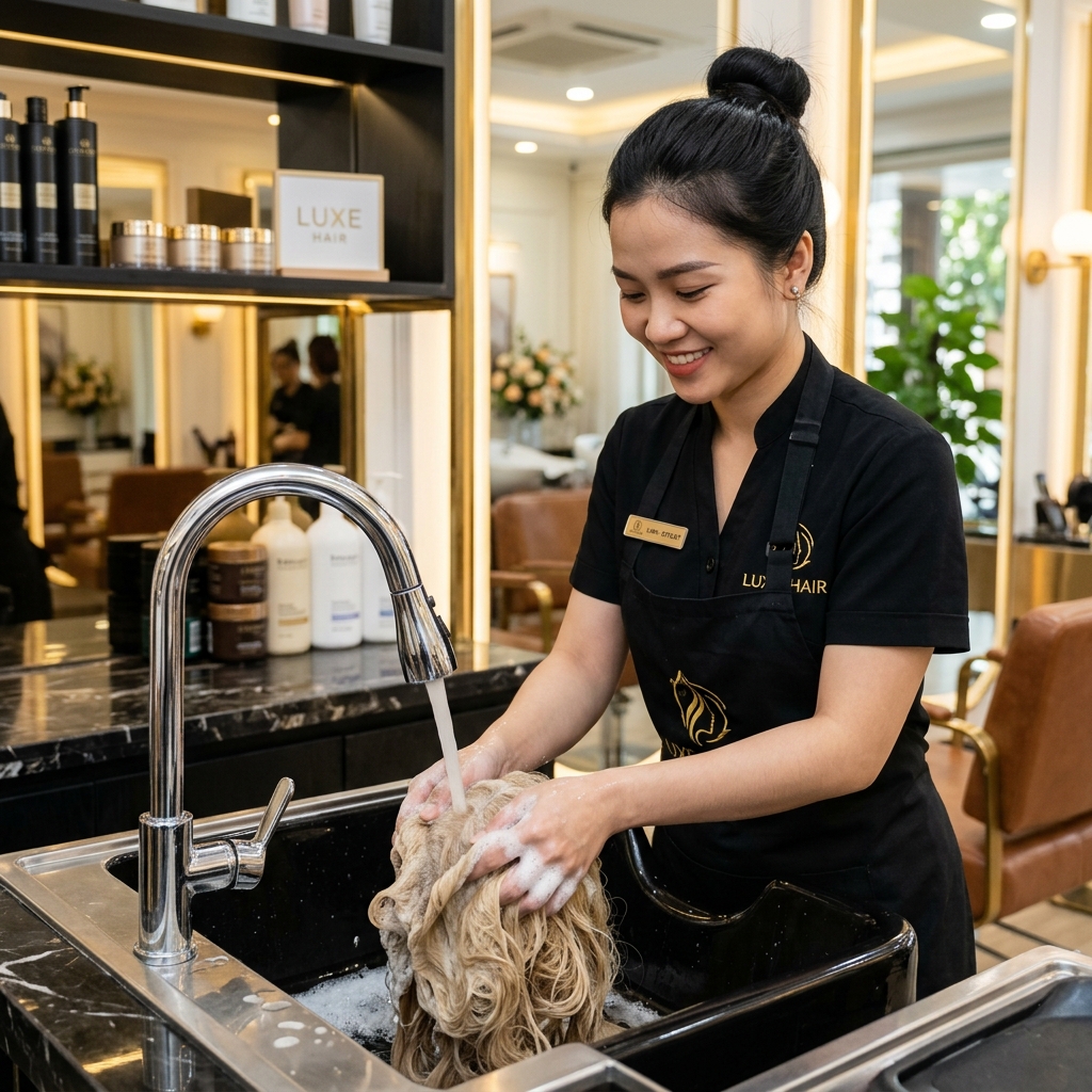 Chuyên viên đang gội đầu tóc giả tại bồn gội cao cấp