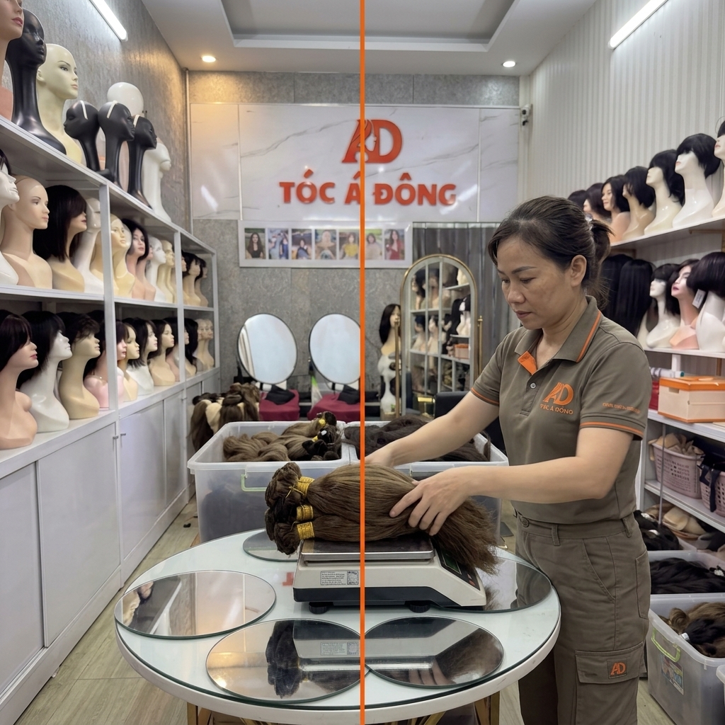 Chuyên gia Tóc Á Đông đang kiểm tra và cân tóc thật tại xưởng chuyên thu mua tóc thật sỉ lẻ