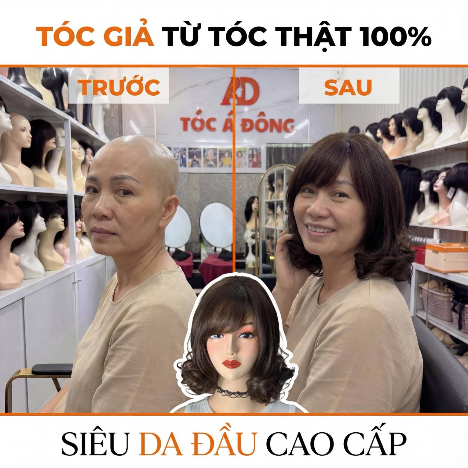 Khách hàng trải nghiệm tóc giả tại Tóc Á Đông