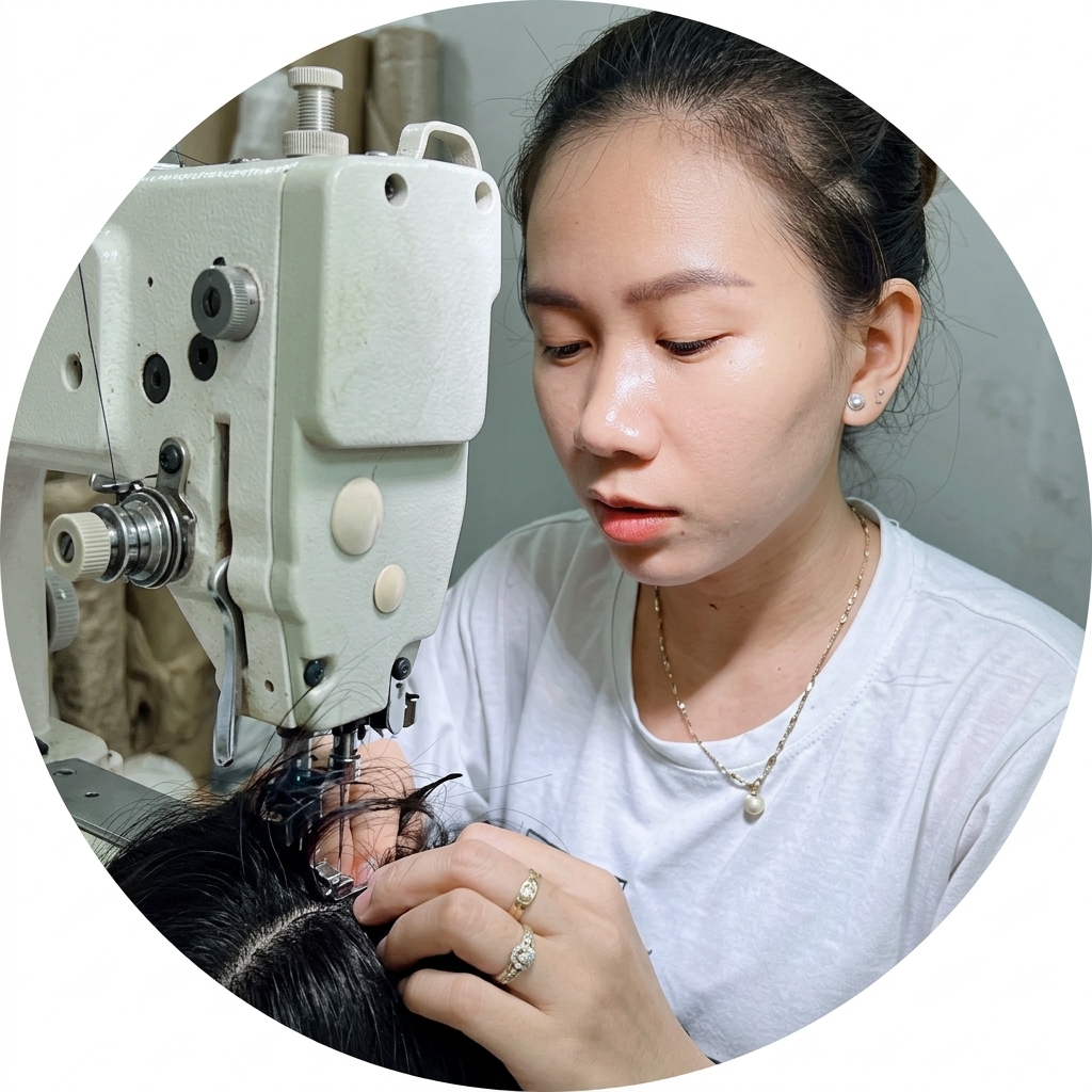 Người thợ thủ công Việt Nam đang tỉ mỉ đan từng sợi tóc thật lên lưới siêu tốc